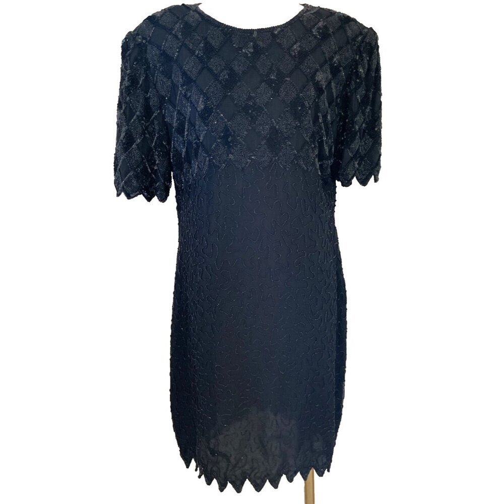 Lawrence Kazar All Over Beaded Dress Size Large Black Silk Party Formal Luxury